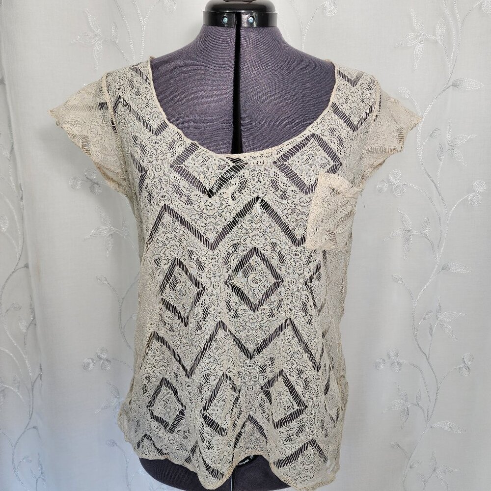 Charming Charlie, Sheer Lace, Short Sleeved Blouse